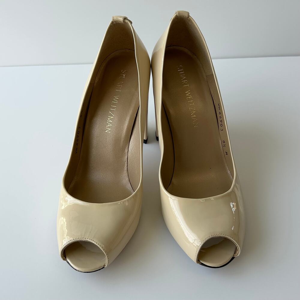 Stuart Weitzman Nude Patent Peep Toe Block Heel Pumps Spritely Size 8.5 M Spain - Picture 12 of 15